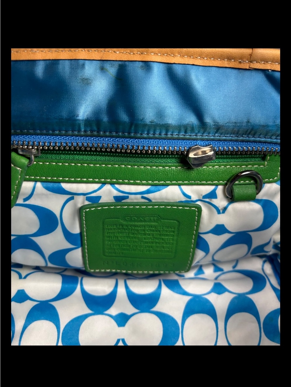Coach Mini Satin-Nylon Tote Bag-Ocean Blue/Grass Green Leather-2004 Style: #1893 - Picture 13 of 14